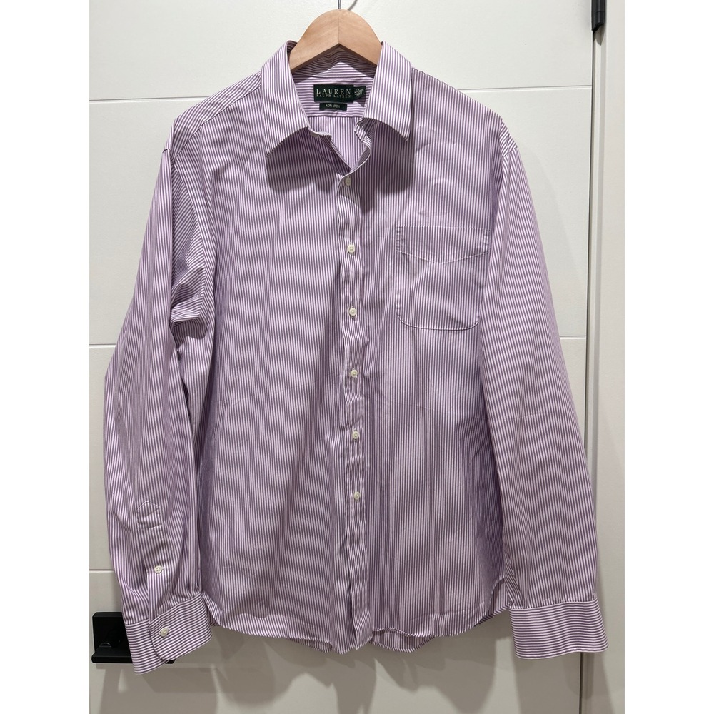 Lauren Ralph Lauren Mens Non Iron Striped Dress Shirt Purple White 17 36/37 L